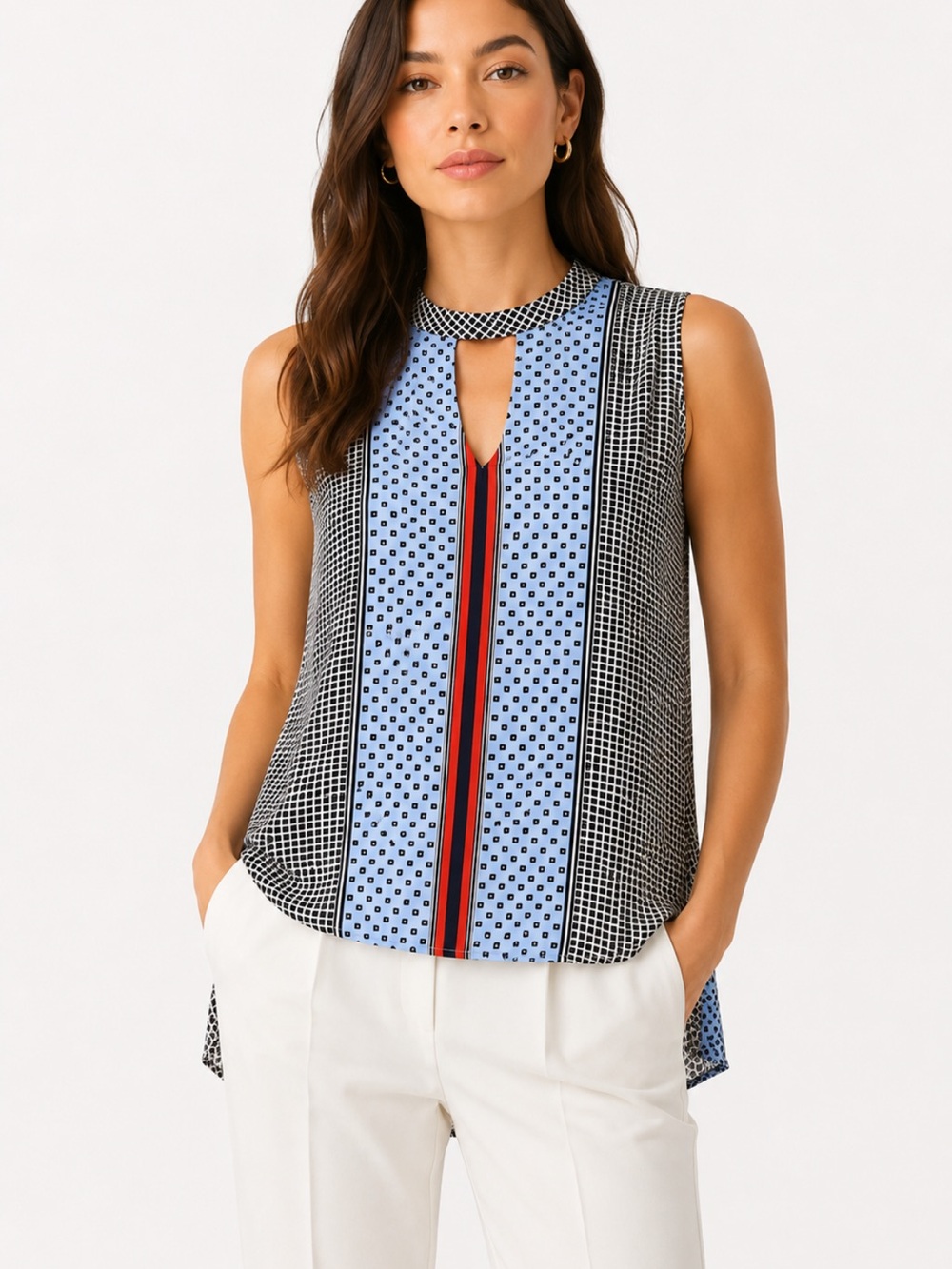 Derek Lam 10 Crosby Blue Printed Silk Keyhole Sleeveless Blouse